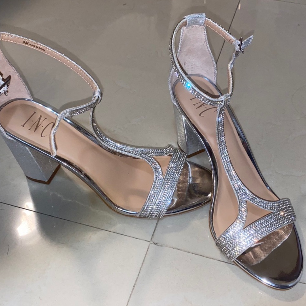 INC silver block heels with diamonds